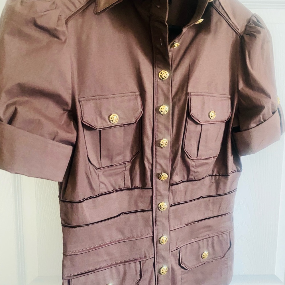 Bebe Brown Gold Short Sleeved Military Jacket